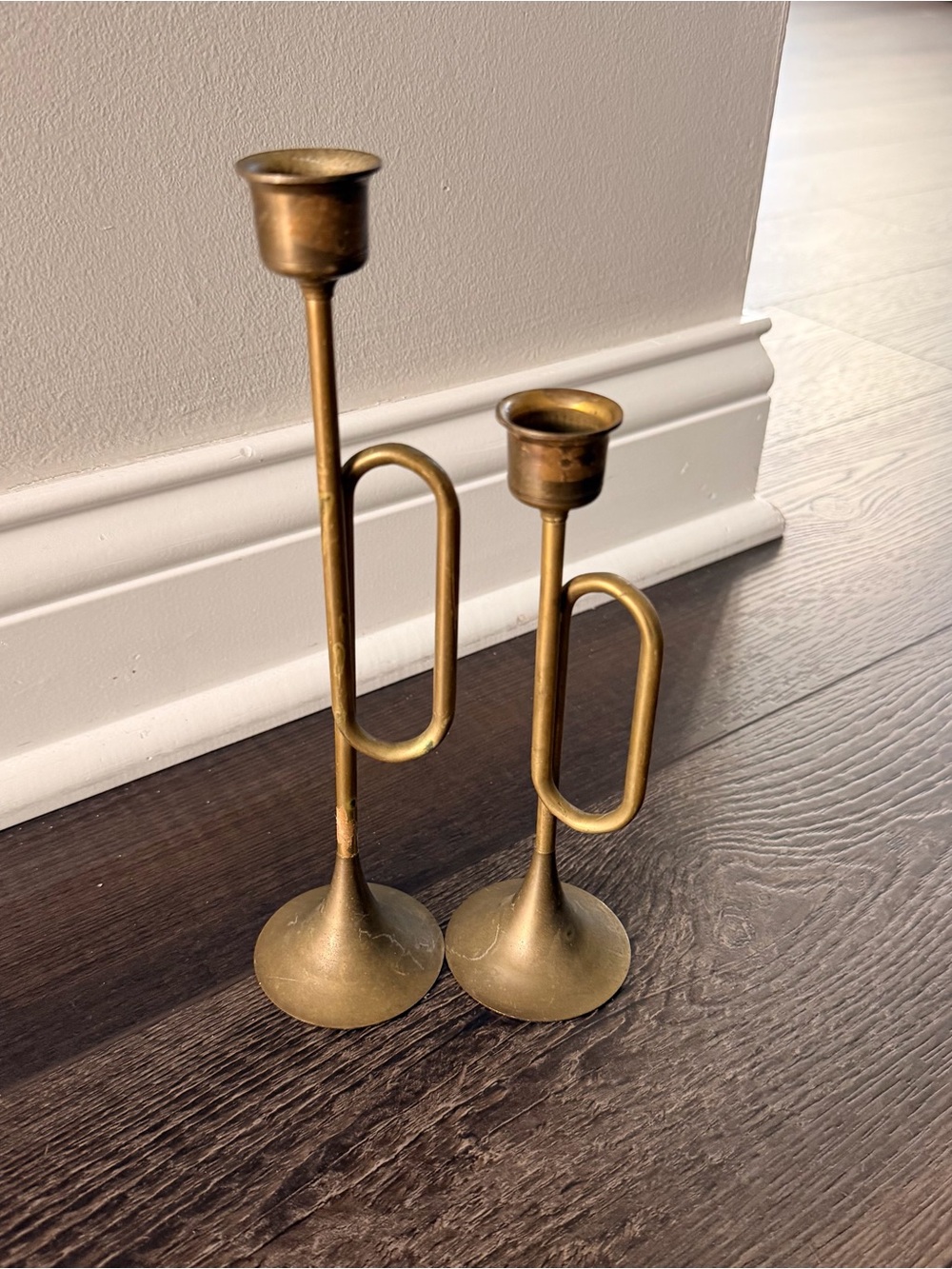 Pair Vintage Brass Trumpet Taper Candle Holders